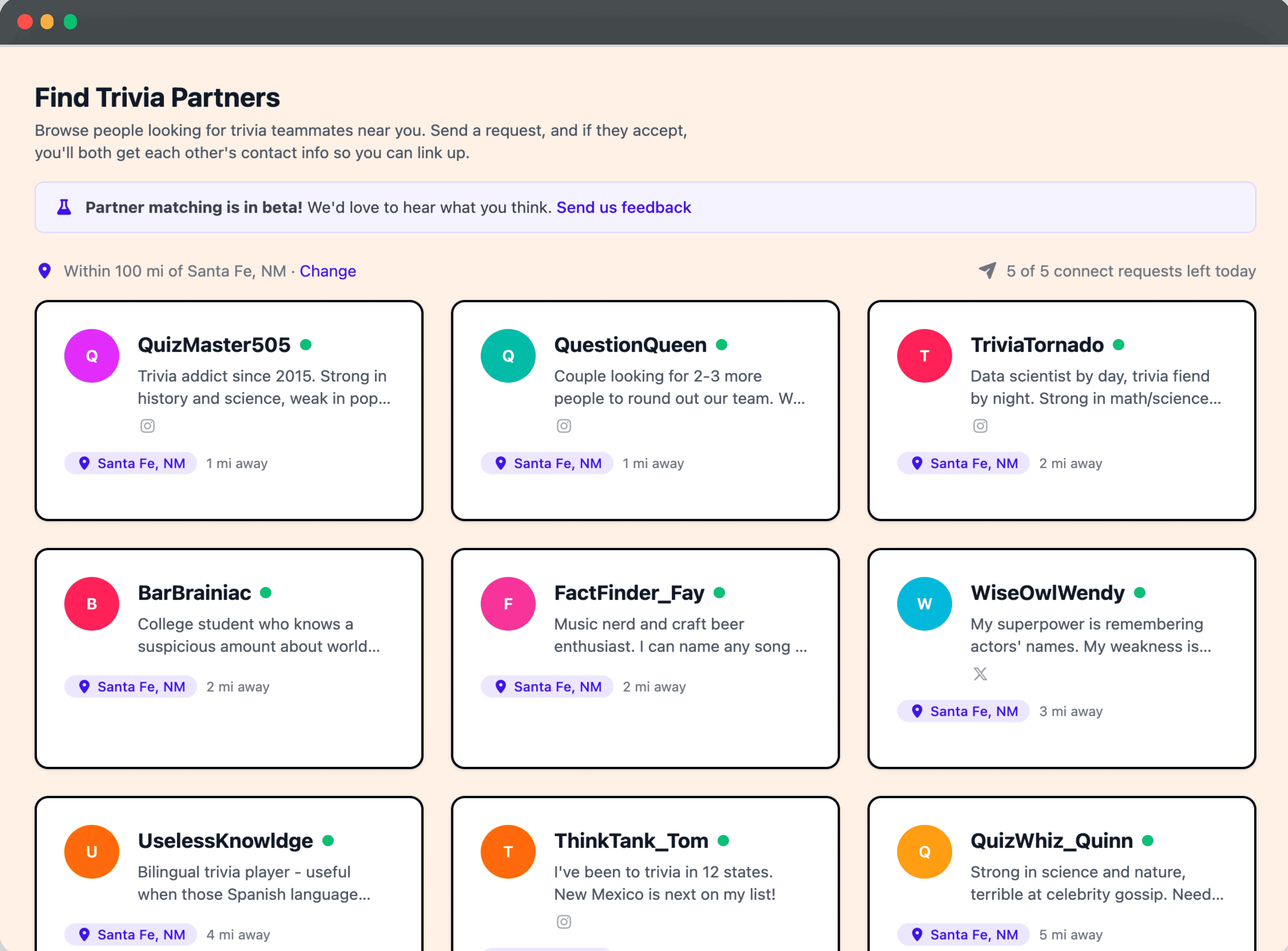 Browse trivia partner profiles — a grid of player cards showing bios, preferred venues, and actively looking status